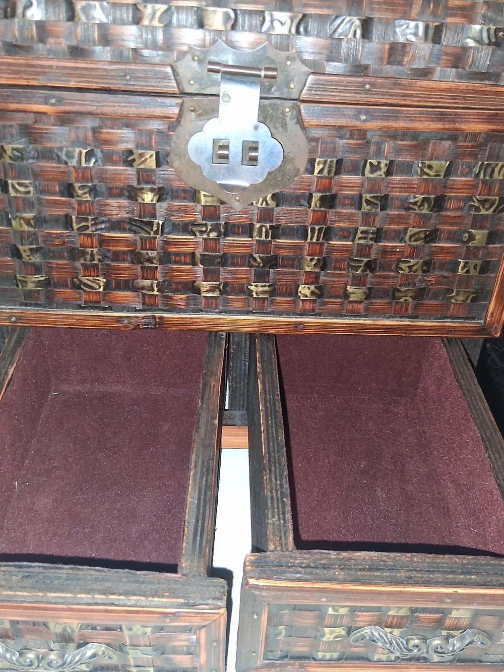 Hand Crafted Wood Woven Accent Storage Chest With 2 Drawers in Dark Brown